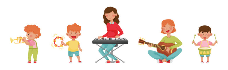 Funny Kid Characters Playing Musical Instruments at Music Lesson Vector Set