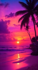 sunset on the beach, sunset over the sea, tropical sunset with trees - obrazy, fototapety, plakaty