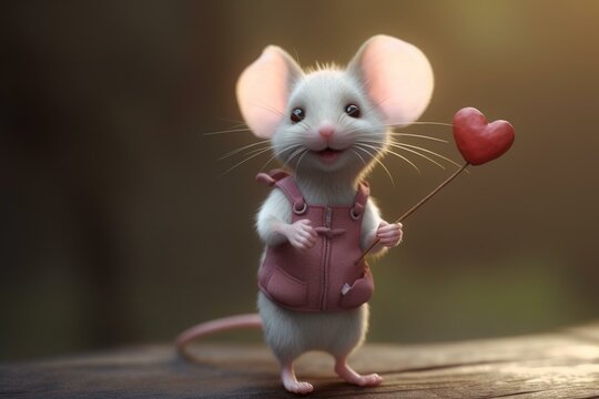Adorable mouse holding a pink heart, showing love standing. Generative AI