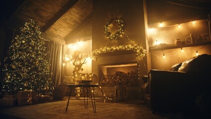Christmas holiday decor with tree deer fireplace and fairy lights at home. Festive garlands illuminate living room prepared for Xmas celebration. Cozy winter season and domestic life