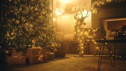 Christmas holiday decor with tree deer fireplace and fairy lights at home. Festive garlands illuminate living room prepared for Xmas celebration. Cozy winter season and domestic life