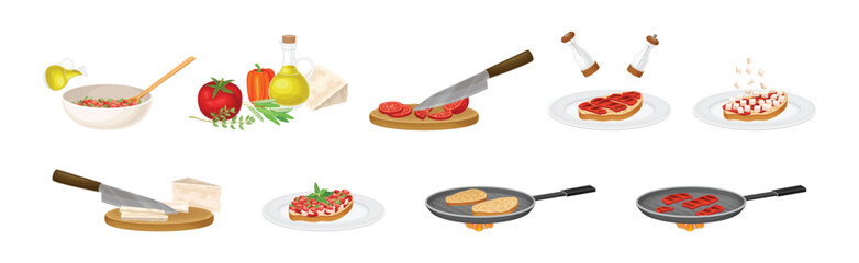 Bruschetta Appetizer Cooking and Preparation Process Vector Set