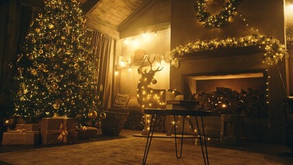 Christmas and New Year interior decoration. Decorated Christmas tree with garlands and balls, boxes, gifts and a deer figurine. Stylish interior of living room with fireplace decorated Christmas tree