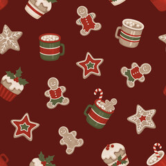 Christmas seamless pattern. Gingerbread cookies, Christmas dessers and drinks. Perfect for wrapping paper, packaging design, seasonal home textile, greeting cards and other printed goods