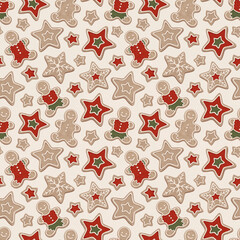 Christmas seamless pattern. Gingerbread Man and star cookies. Perfect for wrapping paper, packaging design, seasonal home textile, greeting cards and other printed goods