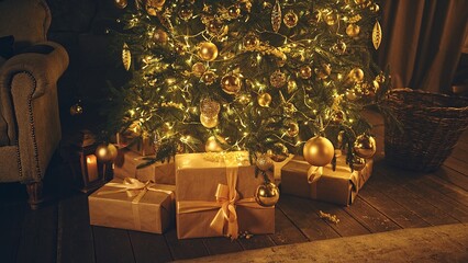 Gifts box with ribbon and bow under Christmas tree at home closeup. Presents container wrapped and decorated on floor in living room. Surprise for family members and Xmas holiday celebration symbol