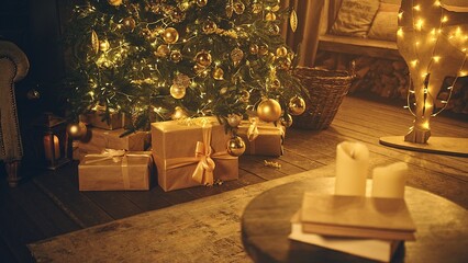 Gifts box with ribbon and bow under Christmas tree at home closeup. Presents container wrapped and decorated on floor in living room. Surprise for family members and Xmas holiday celebration symbol