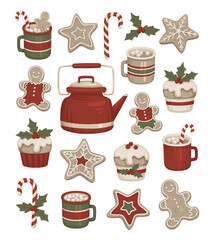 Illustrations of gingerbread cookies, Christmas dessers and drinks. Hygge time. Perfect for greeting cards, packaging design, seasonal home textile, stickers, wrapping paper and other printed goods