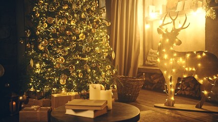 Christmas holiday decor with tree deer fireplace and fairy lights at home. Festive garlands illuminate living room prepared for Xmas celebration. Cozy winter season and domestic life