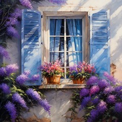 Picturesque Window with blue shutters. Wooden paint wall. Generate AI