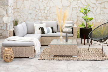 Spring Patio Furniture Set with Rattan Sectional Sofa, Decorative Pillow Covers, Wicker Patio...