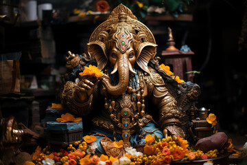 Naklejka premium Divine Ganesha in temple. Sacred worship art. Spiritual decor. Hindu deity's presence. 