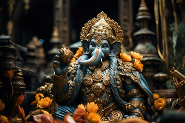 Temple serenity: Sculpture showcasing the divine Ganesha statue in a sacred temple.
 - obrazy, fototapety, plakaty