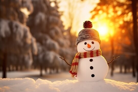 Lustiger Schneemann mit Mütze und Schal im Sonnenuntergang im Garten. Schneemann mit Pudelmütze in strahlender Sonne im Wald.  