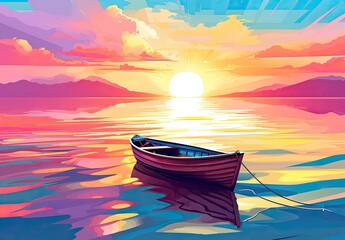 A lone small wooden rowing boat is moored in calm water. The illustration creates a serene mood. Nature background. Digital art in an artistic style. Design for banner, flyer, poster, cover, brochure.
