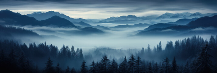 Mystical mysterious fog over the forest tops overlooking the mountains at sunset, banner - obrazy, fototapety, plakaty