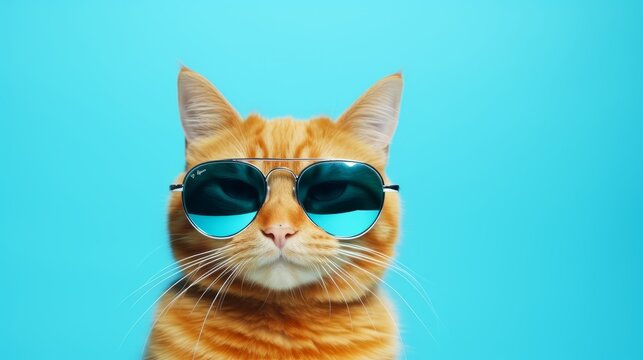 A stylish orange cat wearing sunglasses against a vibrant blue backdrop © mattegg