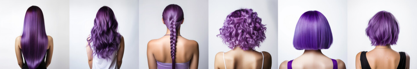 Various haircuts for woman with purple dyed color hair - long straight, wavy, braided ponytail, small perm, bobcut and short hairs. View from behind on white background. Generative AI - obrazy, fototapety, plakaty
