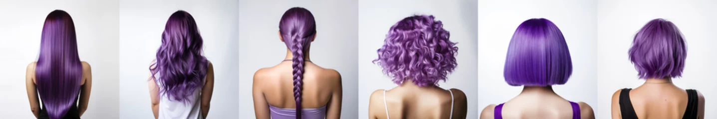 Foto op Canvas Various haircuts for woman with purple dyed color hair - long straight, wavy, braided ponytail, small perm, bobcut and short hairs. View from behind on white background. Generative AI © Lubo Ivanko