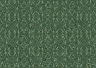 Hand-drawn unique abstract seamless ornament. Light green on a darker warm green background, with splatters of golden glitter. Paper texture. Digital artwork, A4. (pattern: p10-4c)