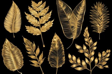 Gold doodle leaf, coconut leaf. Generative AI - obrazy, fototapety, plakaty