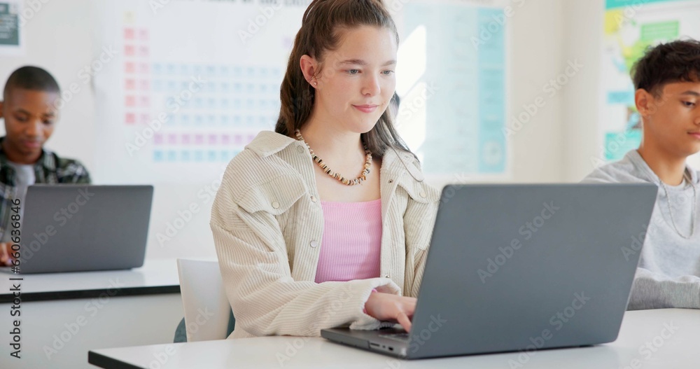 Poster girl, students and laptop in a classroom, education and knowledge with connection, typing and learni