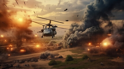 Military forces and helicopters between fire and bombs in battle field - obrazy, fototapety, plakaty