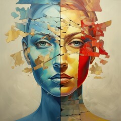 psychology, personality disorder. fragments of color. split, the girl's face sucks from several flowers, multi-colored, pieces