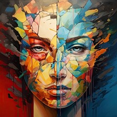 psychology, personality disorder. fragments of color. split, the girl's face sucks from several flowers, multi-colored, pieces
