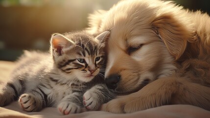 Fototapeta na wymiar A heartwarming moment between a puppy and a kitten cuddling on a cozy bed