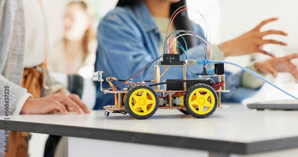 Poster hands, robotics classroom and students at school, learning or discussion for future development. gro