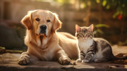 A cat and dog peacefully resting on the ground