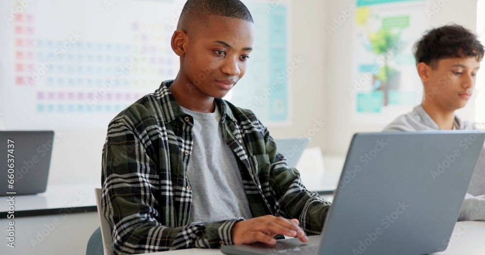 Aufkleber teenager child, laptop and education at school with research, coding or computer science. black kid 
