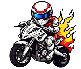  a person riding a motorcycle with a flame behind them on a white background.  generative ai