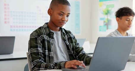 Teenager child, laptop and education at school with research, coding or computer science. Black kid...