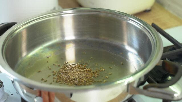 Add cumin seeds to a heated frying pan with GHI oil. Cooking food.