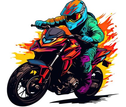  a man riding a motorcycle on a track with a flame background.  generative ai
