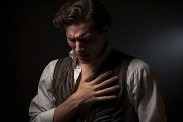 photo in a dark key. young man holding his heart, chest pain on the background