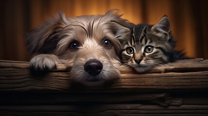 A cat and a dog peacefully resting together on a wooden surface