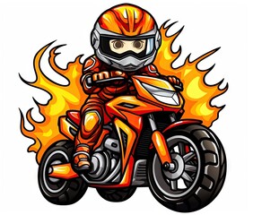  a person riding a motorcycle on a white background with flames.  generative ai