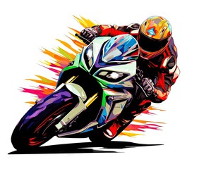  a person riding a motorcycle on a colorful track with a white background.  generative ai