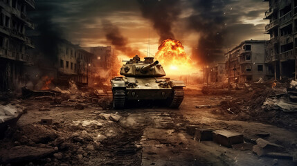 Armored tank crosses war-torn city,generative ai