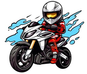  a person riding a motorcycle with a helmet on and a red and white outfit.  generative ai