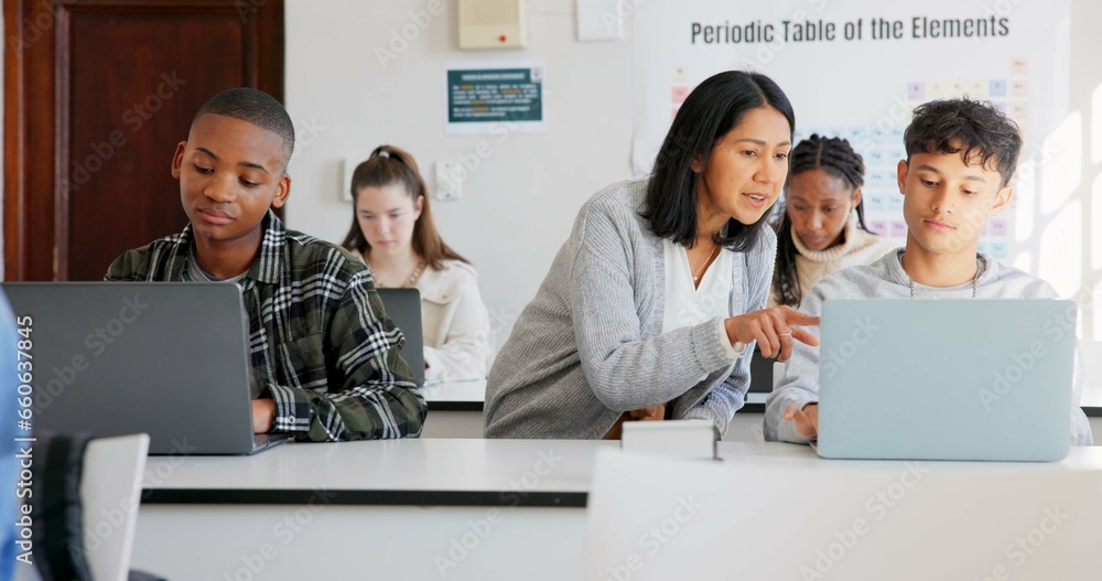 Poster teacher, students and science, laptop in classroom with learning, education and innovation with tech