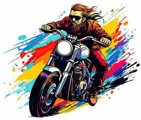  a man riding a motorcycle with a beard and a beard.  generative ai