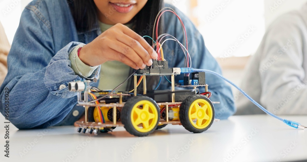Poster Technology, closeup and car robotics of students in classroom, education or learning electronics with cables and wire for innovation. School kids, learners and knowledge in science class for research