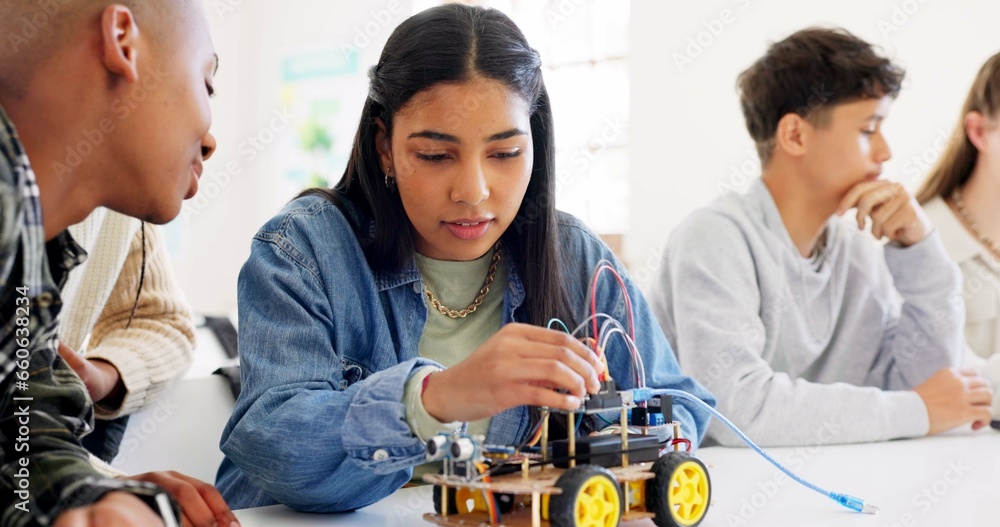Poster technology, car robotics and students in classroom, education or learning electronics with car toys 