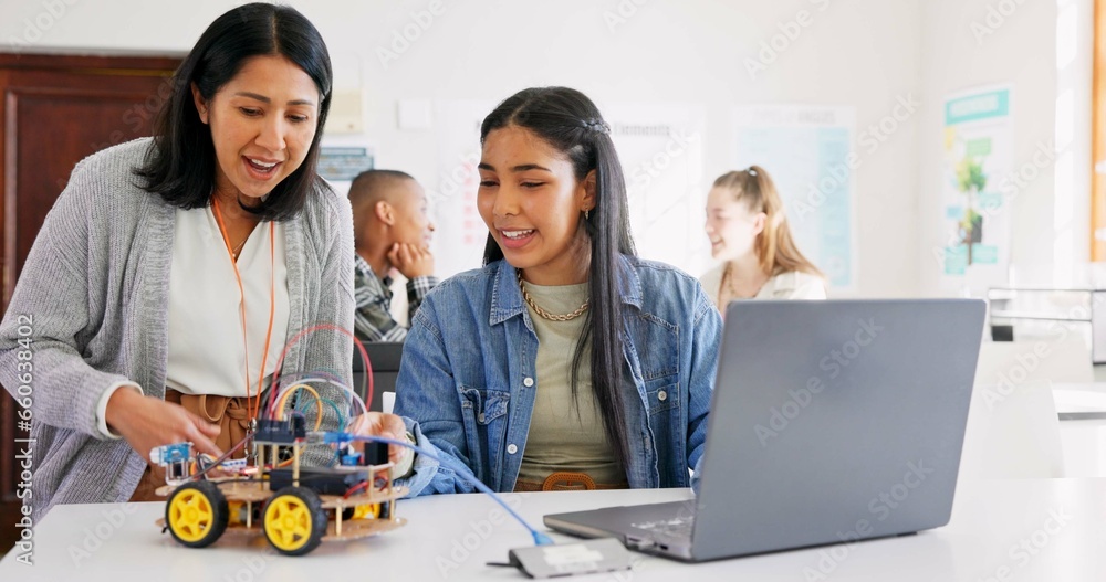 Poster technology, car robotics and student on laptop, teacher and happy for project in classroom, educatio