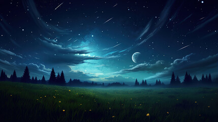 Fototapeta premium a peaceful open field, Dark night filled with stars, generative ai 