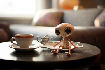 adorable extraterrestrial toy on coffee table. Generative AI